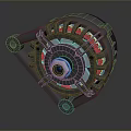 Gray Automotive Alternator With Central Shaft And Red Coils Metal Structure