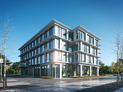 Modern Multi Storey Office Building With Glass Facade And Urban Plaza Surrounded By Trees 3d model