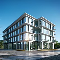 Modern Multi Storey Office Building With Glass Facade And Urban Plaza Surrounded By Trees
