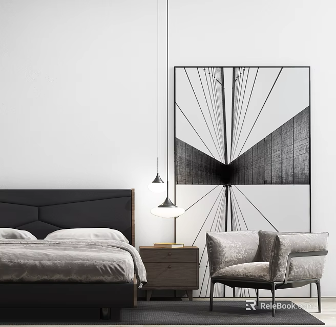 Cozy Modern Bedroom Interior With Comfortable Armchair Bedside Table And Wall Art 3d model 