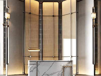 Modern Hotel Lobby Interior Design With Marble Reception Desk And Metal Frame Woven Screens 3d model