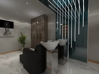 Modern Hair Salon Interior with Black Salon Chairs Double Sinks and Decorative Lighting Strips 3d model