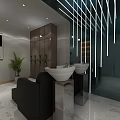 Modern Hair Salon Interior with Black Salon Chairs Double Sinks and Decorative Lighting Strips