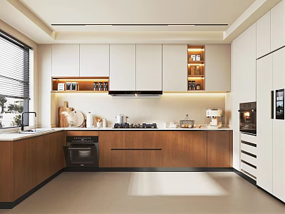 Modern Kitchen Interior Design With White And Wooden Cabinets Appliances And Natural Light 3d model