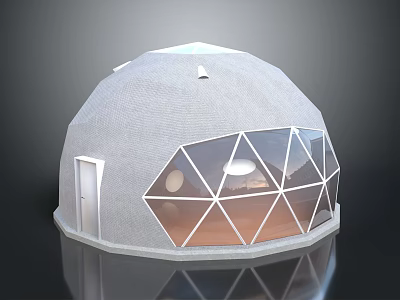 Cartoon Scene Featuring a Dome Building with Geometric Glass Windows White Door and Gray Surface 3d model