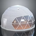Cartoon Scene Featuring a Dome Building with Geometric Glass Windows White Door and Gray Surface
