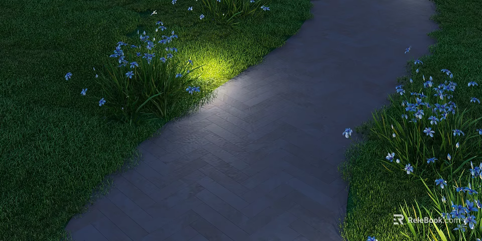 Garden Landscape With Dark Brick Path Green Grass And Blue Flowers Illuminated By Night Lighting 3d model 