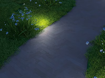Garden Landscape With Dark Brick Path Green Grass And Blue Flowers Illuminated By Night Lighting 3d model