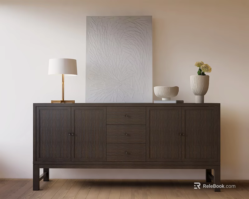 Modern Dark Wood Entryway Console Table With Table Lamp Decorative Bowl And Flower Vase 3d model 