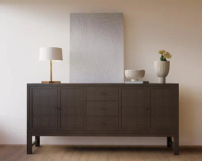 Modern Dark Wood Entryway Console Table With Table Lamp Decorative Bowl And Flower Vase 3d model