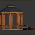 Octagonal Wooden Gazebo With Blue Tile Roof Small Boat Model And Wooden Table