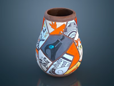 Artistic Decorative Vase With Orange White Black Patterns And Blue Gem Accent 3d model