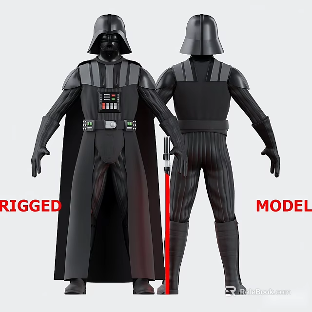 Rigged Darth Vader 3D Model With Front And Back Views And Red Lightsaber 3d model 