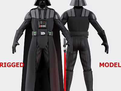 Rigged Darth Vader 3D Model With Front And Back Views And Red Lightsaber 3d model