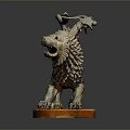 Mythical Bronze Lion Sculpture With Curled Tail And Decorative Details On Orange Base