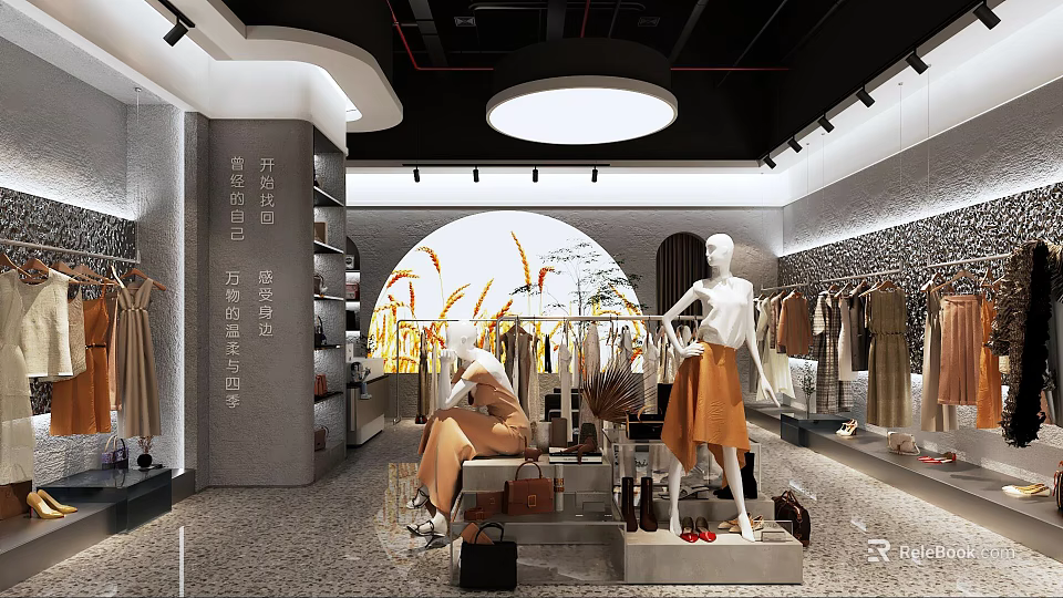 Modern Ladies Clothing Store Interior Design With Elegant Premium Garment Display And Stylish Mannequins 3d model 