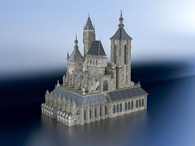 Ancient Architecture With Stone Towers Spires Gothic Windows And Gray Tiled Roof 3d model