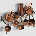 Copper Kitchen Appliances Hanging On Wall Mounted Rack With Utensils 3d model