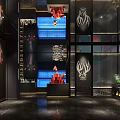 Modern Bar With Open Counter Green Plants Blue Wall Black Marble Floor And Wine Rack