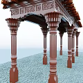 Wooden Garden Pavilion With Carved Roof Columns And Sea View Paved Floor