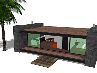 Modern House With Stone Walls Wooden Roof Large Glass Windows Palm Tree And Entrance Steps 3d model