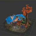 Blue Car with Open Top Near Tree with Orange Flowers Red Chair and Grass