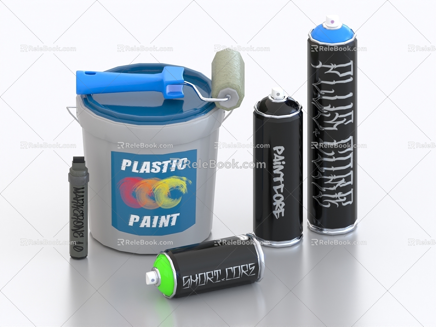 Paint tool Paint bucket with gas cylinder Paint bottle Spray tool Roller paint brush Paint bottle 3d model