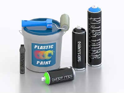Plastic Paint Bucket With Roller And Spray Paints 3d model Plastic Paint Bucket With Roller And Spray Paints 3d model