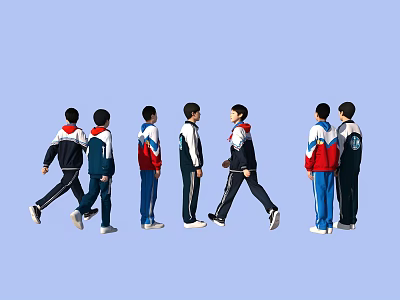 Group Of Students In School Uniforms Walking Against Light Blue Background 3d model