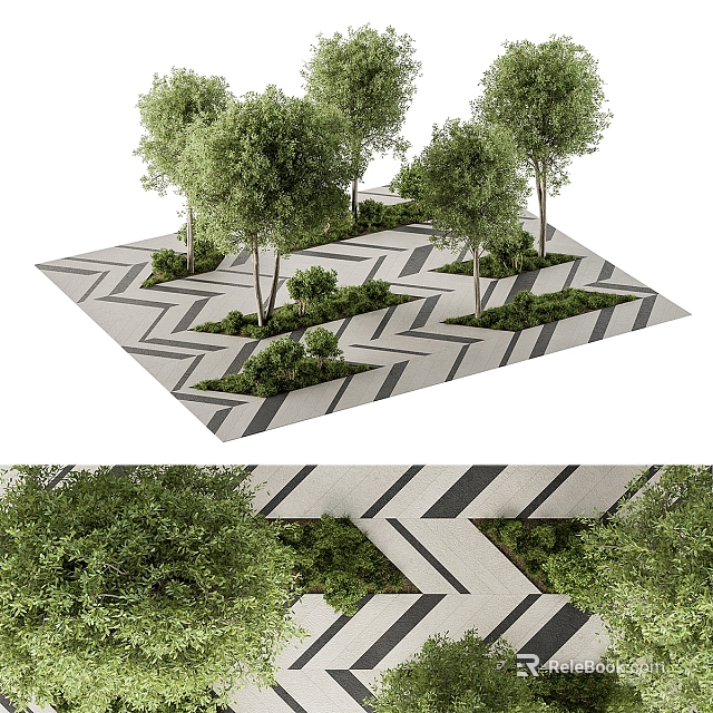 Geometric Tree Pit Design With Zigzag Paved Surface Green Trees And Shrubs 3d model 