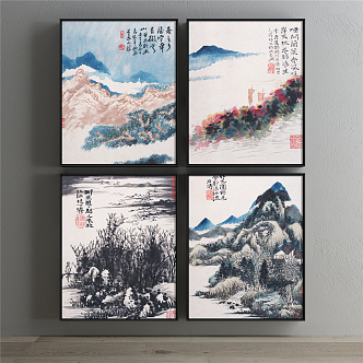 New Chinese Landscape Painting Blue Living Room Landscape Decoration Painting 3d model