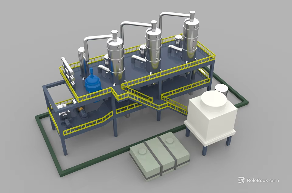 Industrial Chemical Processing Equipment With Silver Tanks Pipes Yellow Railings And Blue Components 3d model 