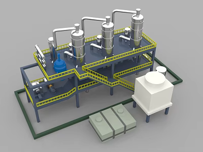 Industrial Chemical Processing Equipment With Silver Tanks Pipes Yellow Railings And Blue Components 3d model