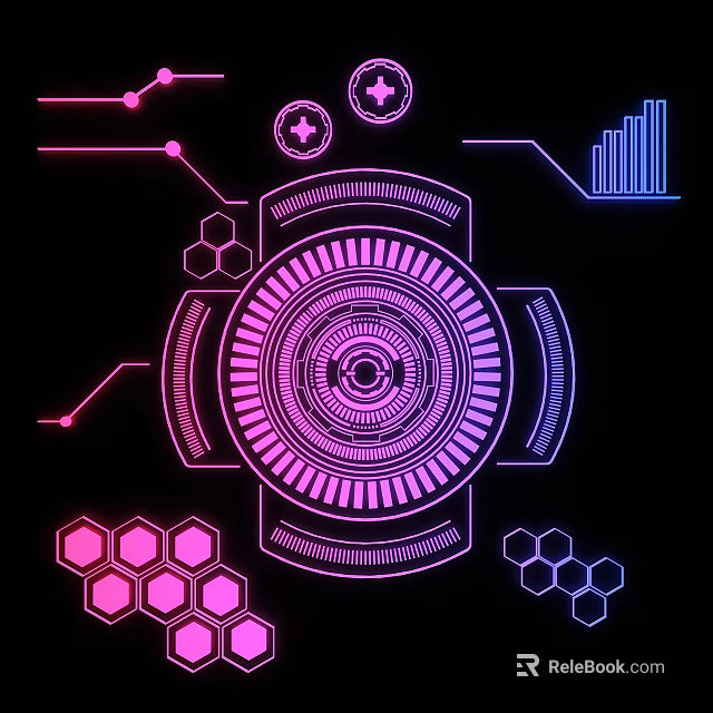Neon Lines Tech Pattern With Circular Gear Hexagons Charts And Pink Blue Glow 3d model