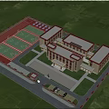 Modern School Building Complex With Green Surroundings Red Sports Court And Lake View