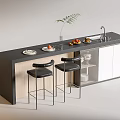 Modern Bar Counter With Black Stools Fruits Plates Plant Sink And Cabinets
