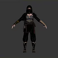 Woman In Black Hooded Warrior Outfit With Arm Straps And Waist Belt Details