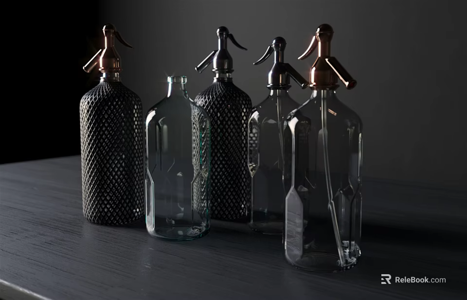 Stylish Ceramic Vessels Featuring Decorative Spray Nozzles And Unique Patterns On Dark Table 3d model 