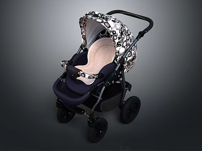 Modern Baby Stroller With Patterned Canopy Comfortable Navy Seat And Black Frame 3d model