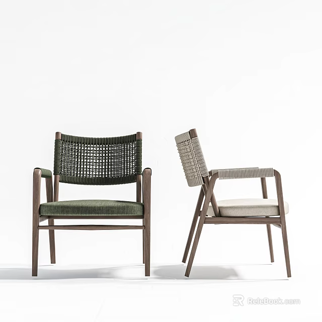 Modern Armchair Designs With Woven Backrest Green And Beige Cushions Wooden Frame 3d model 