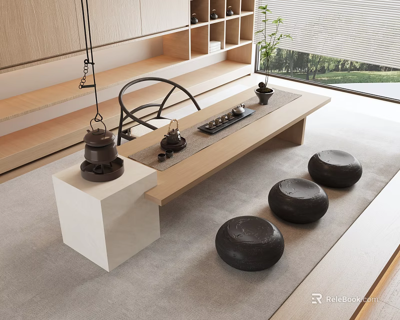Minimalist Tea Table And Black Round Stools Set With Tea Set And Natural Light 3d model 
