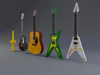 Variety of Musical Instruments and Art Supplies Including Guitars and Paint Tools 3d model