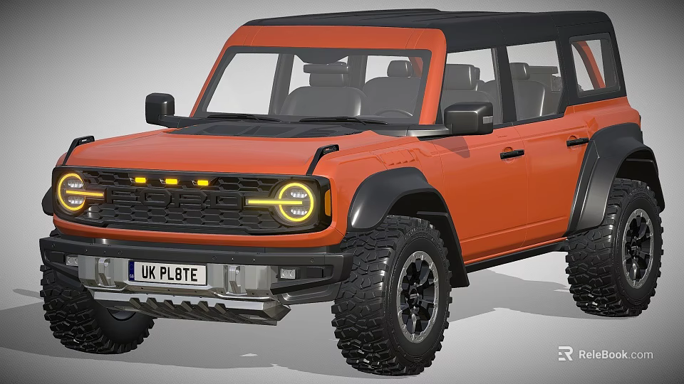 Orange Off Road Car With Black Roof Round Headlights Yellow Light Strips And UK Plate 3d model 