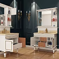 Elegant White Vanities With Mirrors Gold Sconces On Dark Walls And Brown Tile Floor