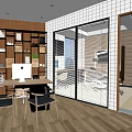 Modern Dentist Treatment Room Featuring Treatment Chair Computer TV Wooden Walls And Black White Tiles