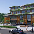 Multi Storey Building With Green Roof Curved Design Surrounding Trees And Nearby Tall Building