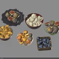 Delicious Fresh Figs Mushrooms Apricots And Plums In Bowls On Plates