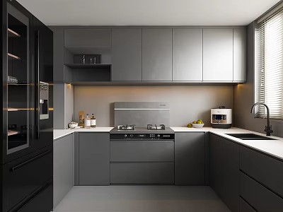 Modern Gray Kitchen Interior Design With Cabinets Cooktop Sink And Countertop Appliances 3d model
