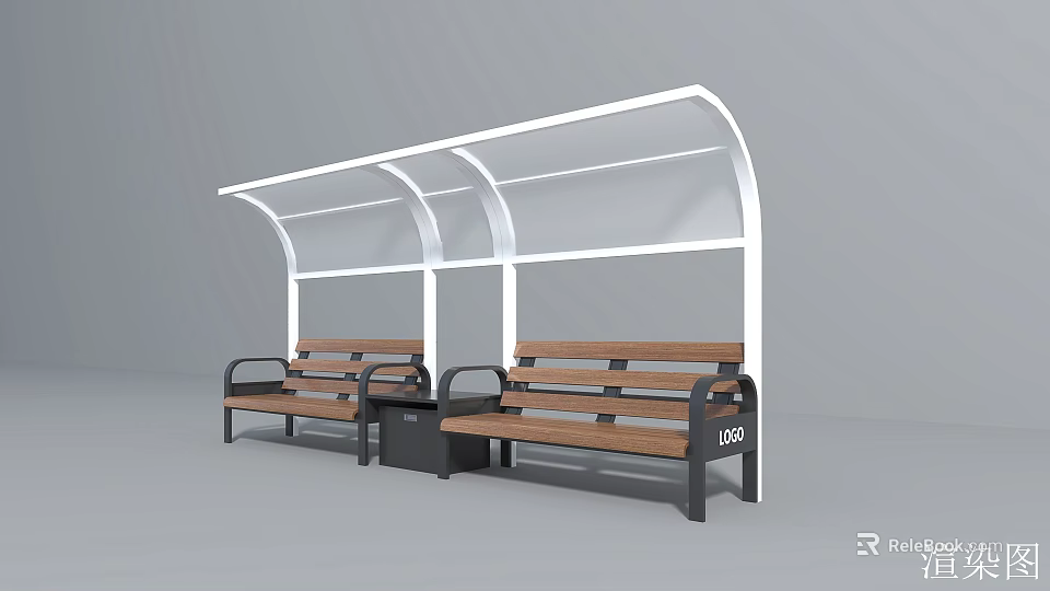 Wooden Outdoor Chairs With Black Armrests At Bus Stop Shelter With White Canopy 3d model 
