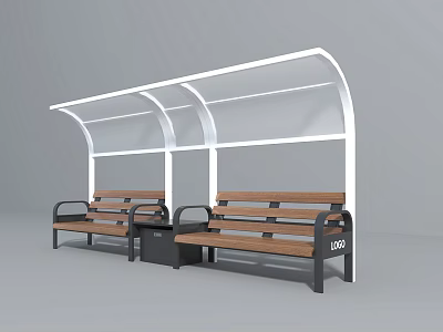 Wooden Outdoor Chairs With Black Armrests At Bus Stop Shelter With White Canopy 3d model